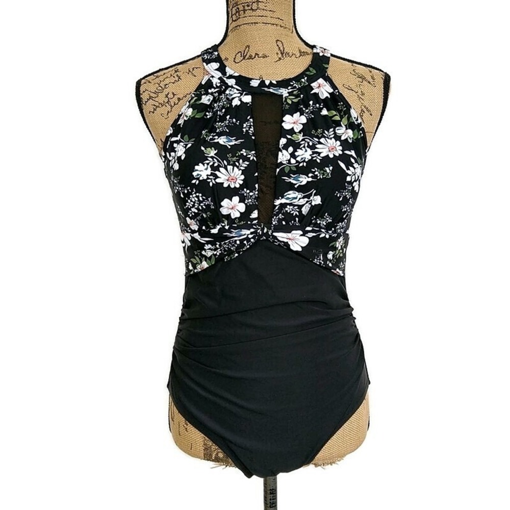 Unbranded Black Floral Mesh One Piece Swimsuit Halter‎ Cutout sz M